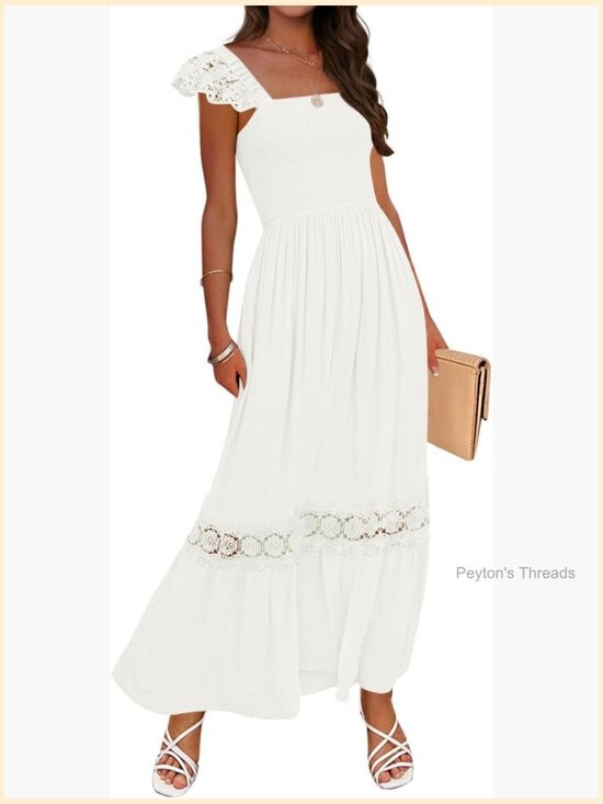 Dresses & Skirts - Lace Strap Sleeveless Square Neck Smocked High Waist Ruffle A-Line Maxi Dress